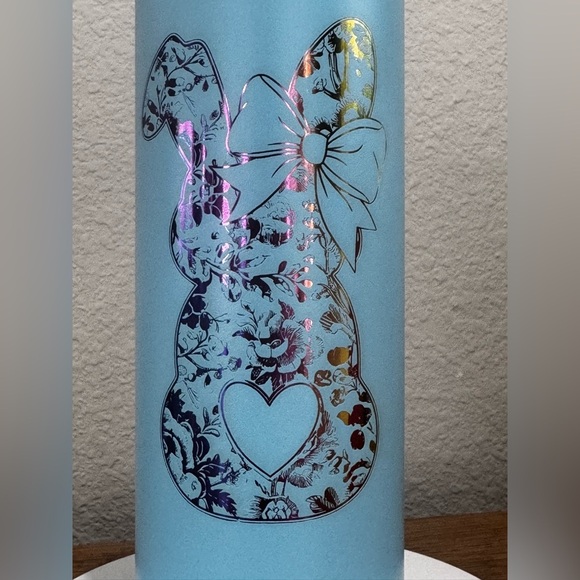 BLUE 20oz Rainbow Plated Powder Coated Skinny Tumblers BLUE FLORAL BOW - Picture 3 of 7